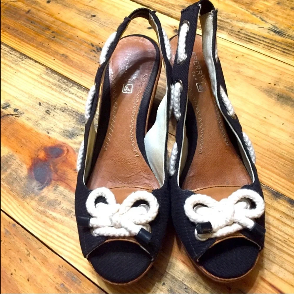 Sperry Top Sider Southport Cork Wedges - Nautical Bow Slingback in Black & White